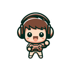 Cute cartoon character playing video games with headphones in a playful, colorful setting