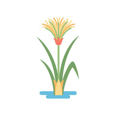 Vibrant illustration of a yellow flower with green leaves emerging from a blue water surface