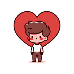 Cute cartoon character standing in front of a large heart, symbolizing love and affection