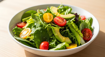 A white bowl filled with a fresh salad of greens tomatoes and avocado on a wooden surface top view