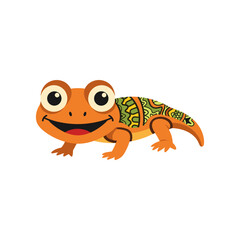 Colorful cartoon gecko with vibrant patterns, smiling and posed on a white background