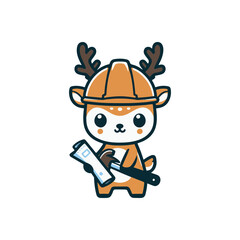 Cute cartoon deer character wearing a construction helmet, holding a wrench and a clipboard, ready for a project