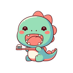 Cute cartoon dinosaur character joyfully holding a toothbrush, promoting dental hygiene awareness