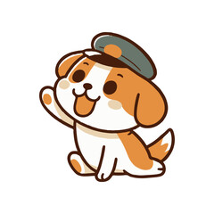 Cute cartoon dog in a military hat waving cheerfully, set against a simple white background