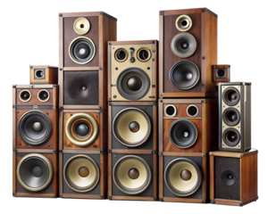 A large stack of vintage wooden stereo speakers isolated on transparent background
