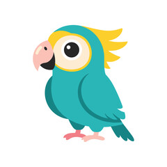 Colorful cartoon parrot with vibrant feathers perched playfully against a white background
