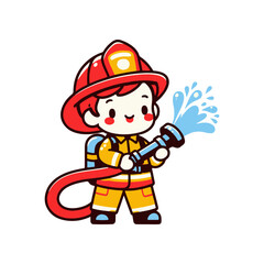 Cute cartoon firefighter spraying water with a hose, depicting bravery and teamwork in action