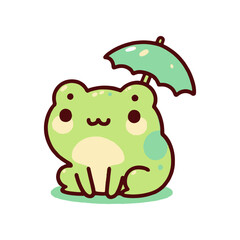 Cute cartoon frog sitting under a green umbrella, smiling, with a simple white background