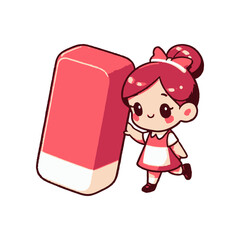 Cute cartoon girl with a red bow carrying a large pink eraser, smiling joyfully
