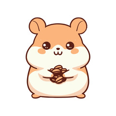 Cute cartoon hamster holding a bundle of nuts, set against a simple white background
