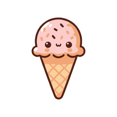 Cute cartoon ice cream cone with a smiling face and sprinkles on top, isolated on white background