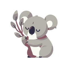 Cute cartoon koala hugging a branch with leaves, set against a simple white background