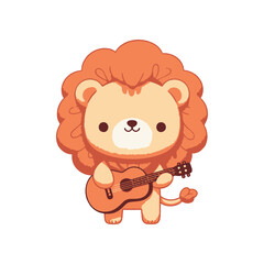 Cute cartoon lion playing a guitar, set against a simple white background, perfect for children's illustrations