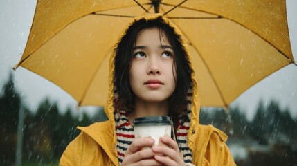 pensive young woman with asian appearance walks during rainy cloudy day under umbrella drinks takeout coffee has thoughtful expression wears yellow raincoat with striped jumper feels cold no logos no