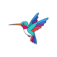 Colorful hummingbird in mid-flight with vibrant wings and a clear background