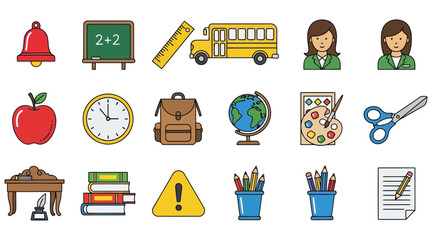 Illustration of various school related objects, including school bus and stationery