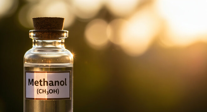 Clear glass bottle in the foreground containing Methanol (CH₃OH). The bottle has a cork stopper and appears prominently against a blurred background.