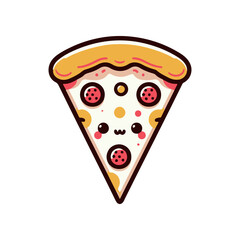Cute cartoon pizza slice character with toppings, smiling expression, simple background