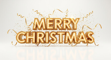 A luxurious Merry Christmas typography design with golden illuminated letters and celebratory confetti for a festive greeting card