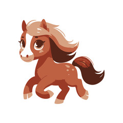Cute cartoon pony running playfully in a whimsical landscape with vibrant colors