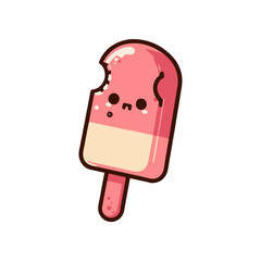 Cute cartoon popsicle with a bite taken out, set against a plain white background