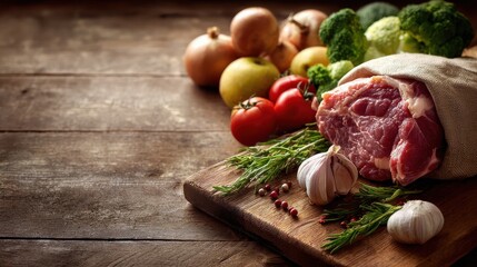 balanced diet cooking culinary and food concept  close up of vegetables fruits and meat on wooden table no logos no brands ar 169
