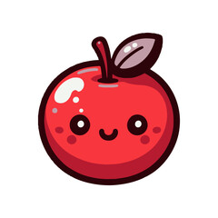 Cute cartoon red apple with a smiling face and a leaf, set against a white background