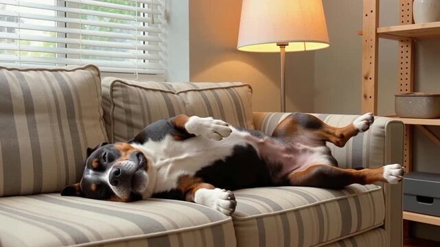 A hilarious real-life style video of a bulky Pitbull sleeping awkwardly upside down on a sofa. This genuinely funny and relatable clip captures the lazy, goofy side of a beloved pet