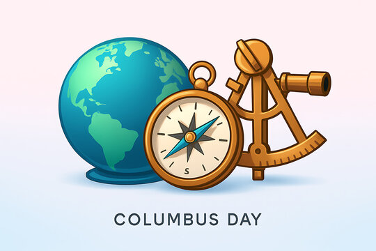 Columbus day concept illustration with globe, compass, and sextant representing discovery, exploration, and old world navigation history
