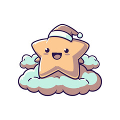 Cute cartoon star wearing a Santa hat, sitting on fluffy clouds, celebrating winter festivities