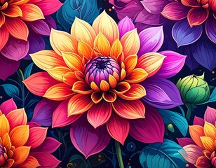 Vibrant digital illustration of large colorful dahlias