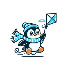 Cute penguin wearing a striped scarf and hat joyfully flying a colorful kite in a snowy landscape