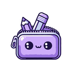 Cute purple pencil case with a smiling face, containing a pencil and eraser, isolated on white