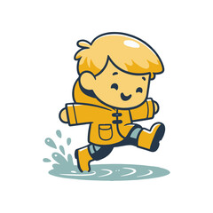Happy child in yellow raincoat splashing in puddle on a rainy day, cheerful atmosphere