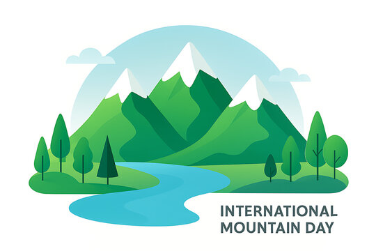 International mountain day landscape with river trees and snowy peaks celebrating nature, environment protection, and sustainability
