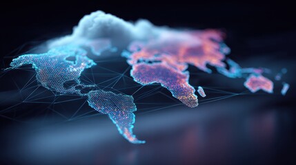 Digital World Map with Network Grid and Cloud Overlay