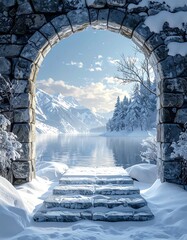 Stone archway reveals a serene winter landscape