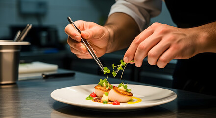 Chef using tweezers to garnish scallops on a white plate in a professional kitchen setting close up view