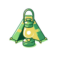 Vintage green lantern illuminated beside a camping tent in a serene outdoor setting