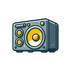 Vintage-style radio with a prominent speaker design, set against a minimalist background