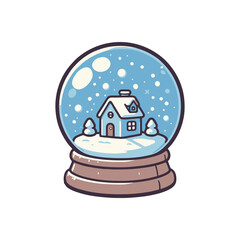 Winter snow globe featuring a cozy house surrounded by snowflakes and pine trees