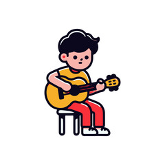 Young boy playing guitar while sitting on a chair, with a simple background setting