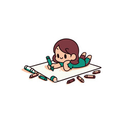 Young child happily drawing on a large sheet of paper with colorful crayons scattered around