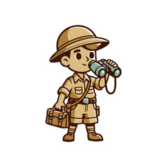 Young explorer in safari attire holding binoculars, ready for adventure in a vibrant jungle setting