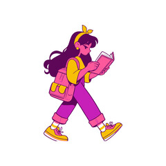 Young girl walking while reading a book, with a backpack and colorful outfit, in a vibrant urban setting