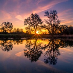 Sunset over a still lake with tree silhouettes