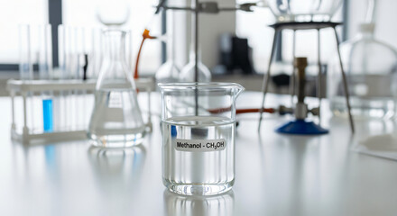 A beaker filled with Methanol. It is placed on a laboratory table and various pieces of glass chemical equipment are visible, including test tubes in a rack, a conical flask, and other beakers.