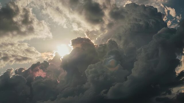 Dramatic sky filled with towering, billowing clouds, sunlight breaking through, creating a moody atmosphere