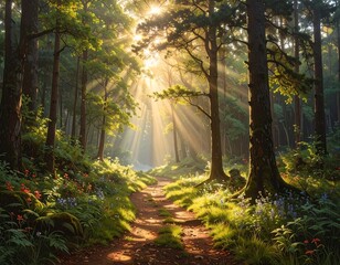 Obraz premium Sunlit Forest Path: Nature's Serene Landscape with Rays of Light