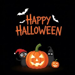 Happy halloween greeting with cute characters and pumpkins